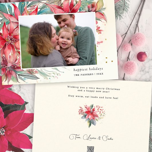 Elegante chique Waterverf Poinsettia Botanische Fo Feestdagenkaart