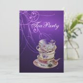 Elegante chique wervelingen  paarse theefeest kaart (Staand voorkant)