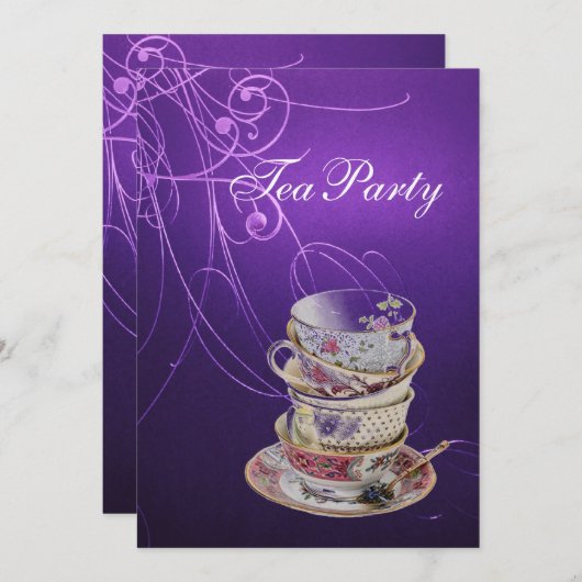 Elegante chique wervelingen  paarse theefeest kaart (Voorkant / Achterkant)