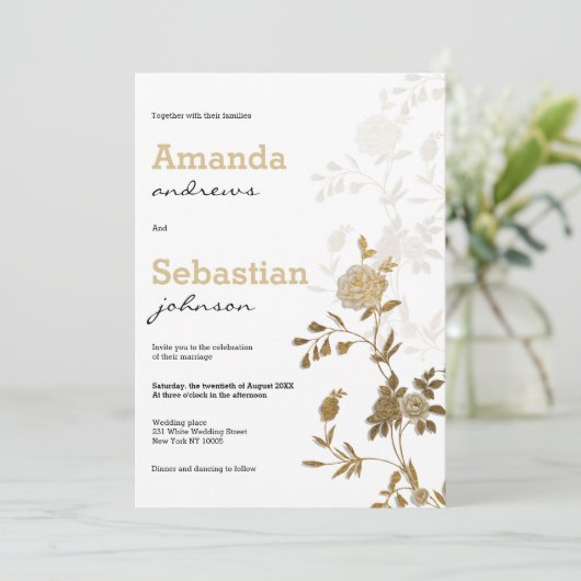 Elegante chique witte gouden glitter bloemenbruilo kaart (Staand voorkant)