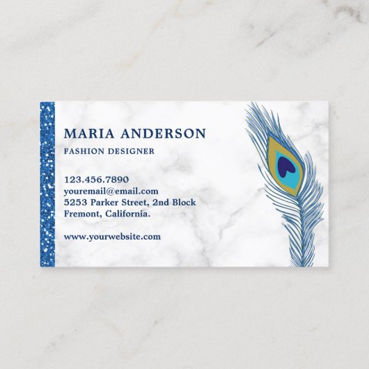 Elegante chique witte marmeren blauwe Indische pau Visitekaartje (Achterkant)