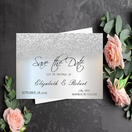 Elegante chique zilveren glitter bokeh bewaar de d save the date