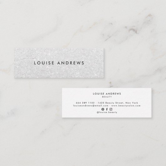 Elegante chique zilveren glitter eenvoudige witte  mini visitekaartje (Voorkant / Achterkant)