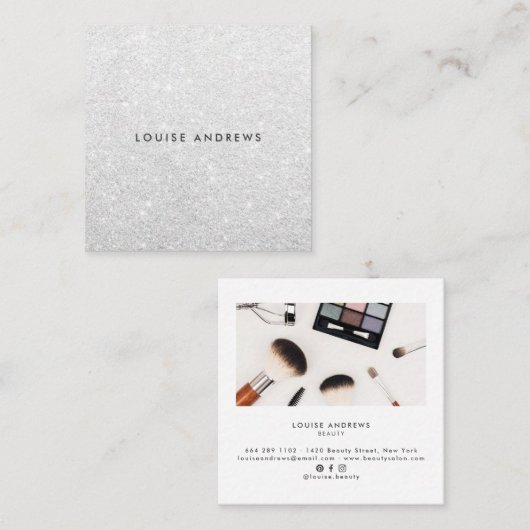 Elegante chique zilveren glitter eenvoudige witte  vierkante visitekaartje (Voorkant / Achterkant)