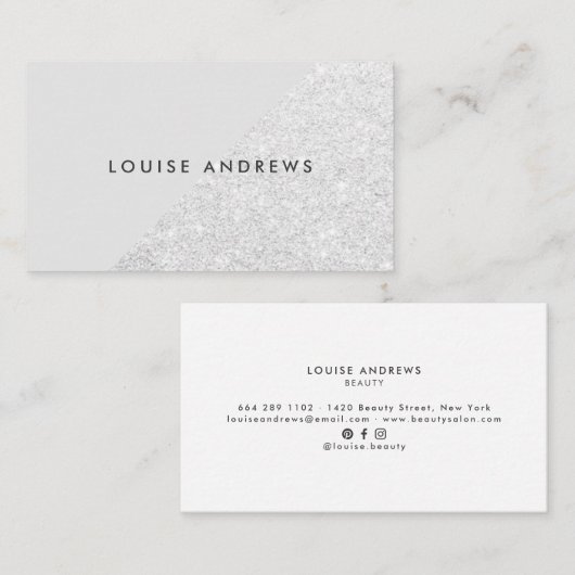 Elegante chique zilveren glitter kleurblok schoonh visitekaartje (Voorkant / Achterkant)