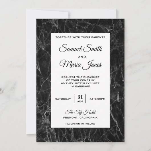 Elegante chique zwart wit marmer bruiloft uitnodig kaart (Voorkant)
