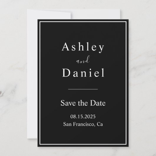 Elegante chique zwart-wit minimale bruiloft save the date (Voorkant)