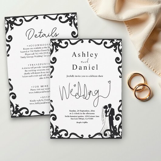 Elegante chique zwart-wit paar Lijst bruiloft Kaart