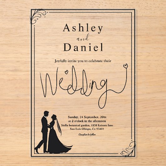 Elegante Chique Zwart-Wit Romantische Trouwdag Acryl Uitnodigingen (Voorkant)