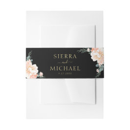 Elegante Chique Zwarte Bloemen Perzik Crème Gouden Uitnodigingen Wikkel