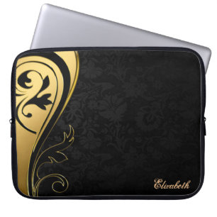 Elegante Chique Zwarte Damast, Goud Spiraal-Person Laptop Sleeve