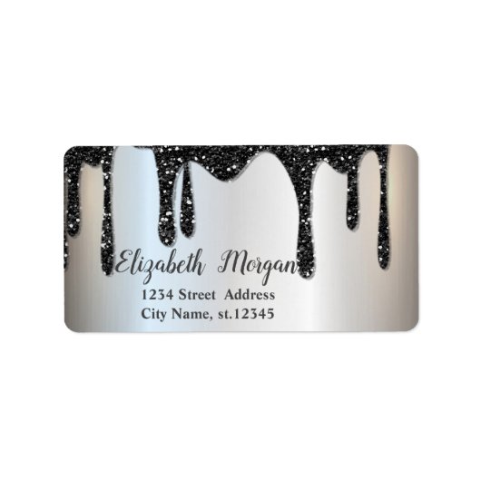 Elegante Chique Zwarte Glitter Drops Etiket (Voorkant)