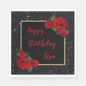 Elegante chique zwarte glitter rode rozen verjaard servet (Voorkant)