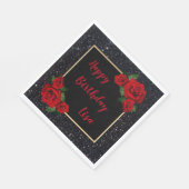 Elegante chique zwarte glitter rode rozen verjaard servet (Hoek)