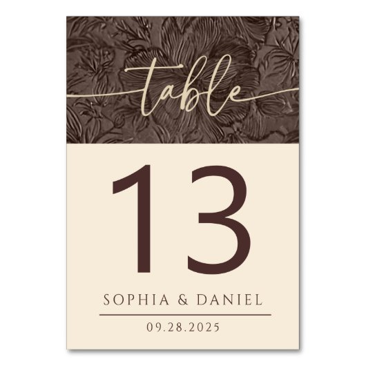 Elegante Chocolade Mocha Trouwtafel Nummers Doub Kaart (Voorkant)