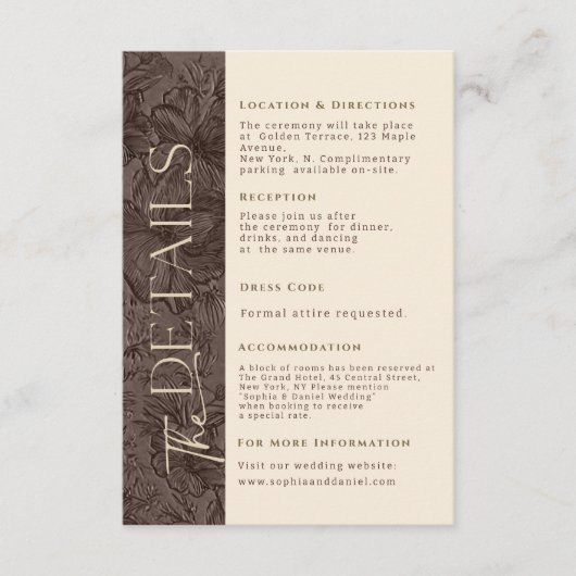 Elegante Chocolade Mocha Wedding Details Kaart (Voorkant)