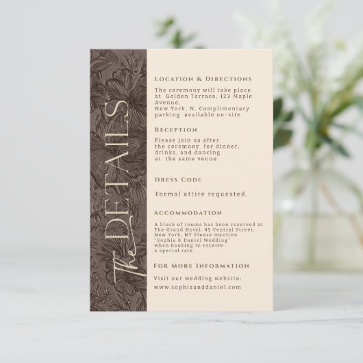 Elegante Chocolade Mocha Wedding Details Kaart (Staand voorkant)