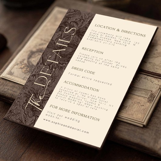 Elegante chocolade mokka trouwdetails kaart