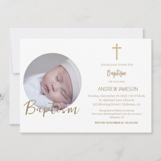 Elegante Christelijk Blauwe Ronde Foto | Doop Kaart (Voorkant)