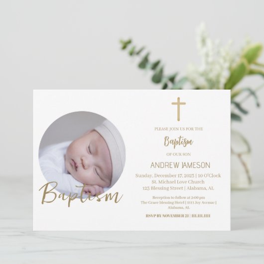 Elegante Christelijk Blauwe Ronde Foto | Doop Kaart (Staand voorkant)