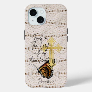 Elegante christelijke breiwerk bruine vlinderkruis iPhone 15 case