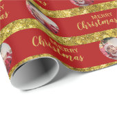 Elegante Christmas Red & Gold Stripes Baby Foto Cadeaupapier (Rol Hoek)