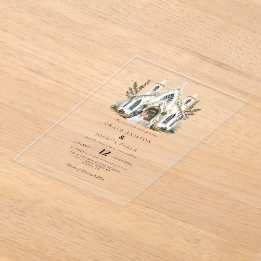 Elegante Church Waterverf Venue Manor Wedding Acryl Uitnodigingen (Laagn)