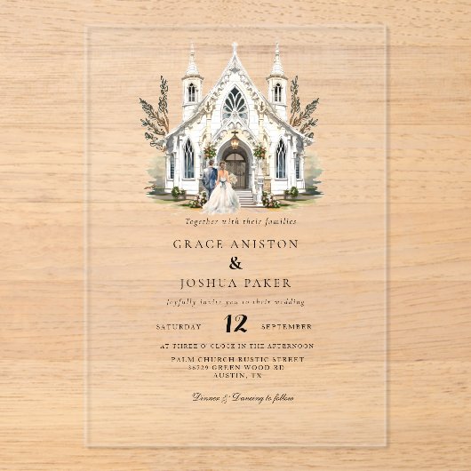 Elegante Church Waterverf Venue Manor Wedding Acryl Uitnodigingen (Voorkant)