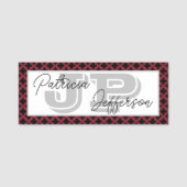 Elegante Cinnabar Red Black Lattice Uniek Monogram Naamplaatje (Voorkant)