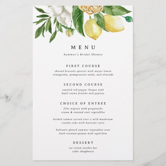 Elegante citroen bloemenmenu of Vrijgezellenfeest (Voorkant)