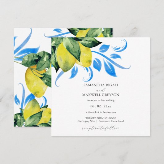 Elegante citroen en bladeren bruiloft kaart (Voorkant / Achterkant)