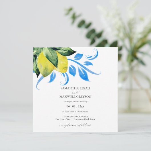 Elegante citroen en bladeren bruiloft kaart (Staand voorkant)