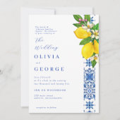 Elegante citroen en blauwe mediterrane bruiloft kaart (Voorkant)