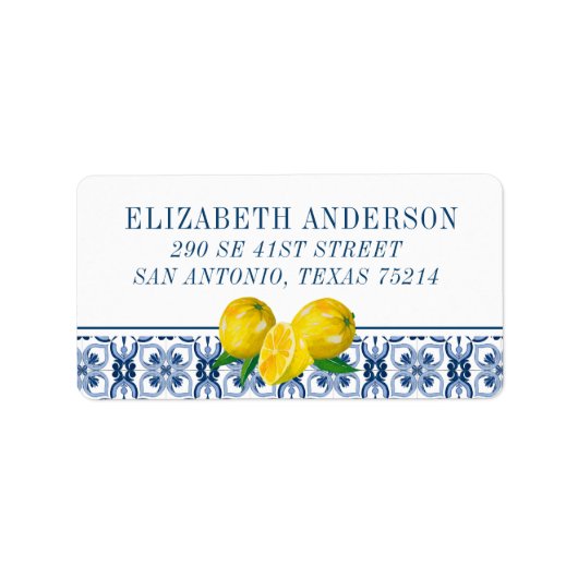 Elegante citroen Italiaanse blauwe tegel Etiket (Voorkant)