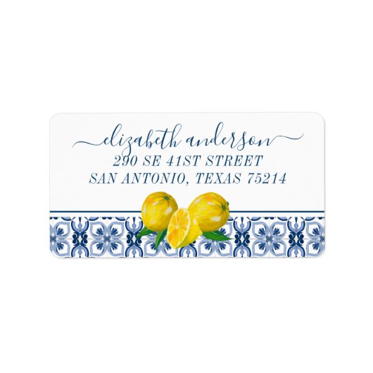 Elegante citroen Italiaanse blauwe tegel retouradr Etiket (Voorkant)