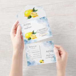 Elegante citroengele en groene waterverf bruiloft all in one uitnodiging