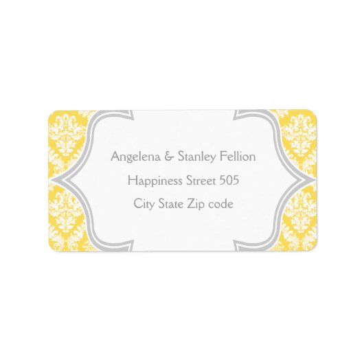 Elegante citroengele, grijze damast bruiloft etiket (Voorkant)