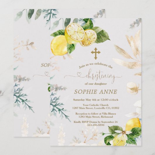 Elegante citroenvruchten goud bloemengestalte doop kaart (Voorkant / Achterkant)