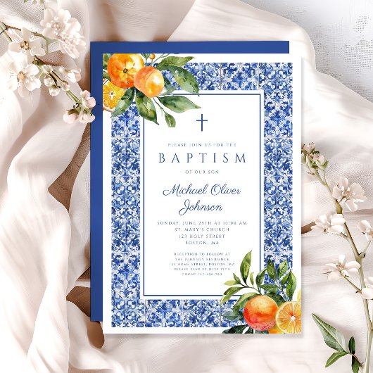 Elegante Citrus Blauwe Tegels Religieuze Jongensdo Kaart