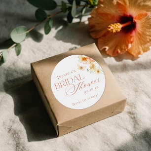 Elegante Citrus Bloemachtige Bruiloftsdouche Ronde Sticker