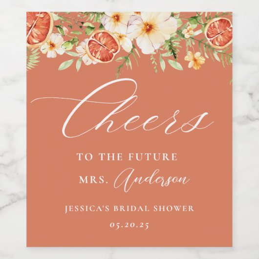 Elegante Citrus Bloemige Bruids-Shower Wijn Etiket (Enkel label)