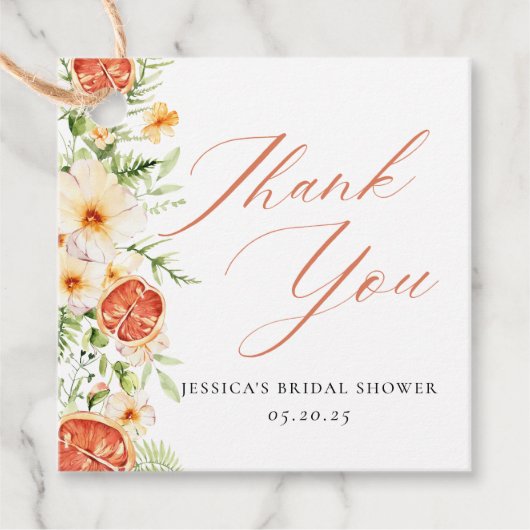 Elegante Citrus Bloemige Bruiloftsdankjewel Bedankjes Labels (Voorkant)