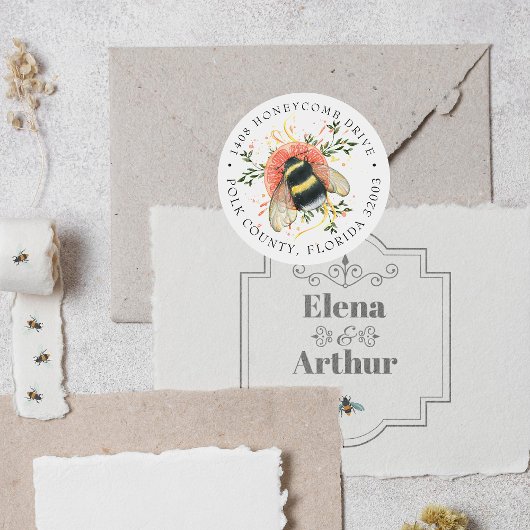 Elegante Citrus Botanische Hommel | Adres Ronde Sticker