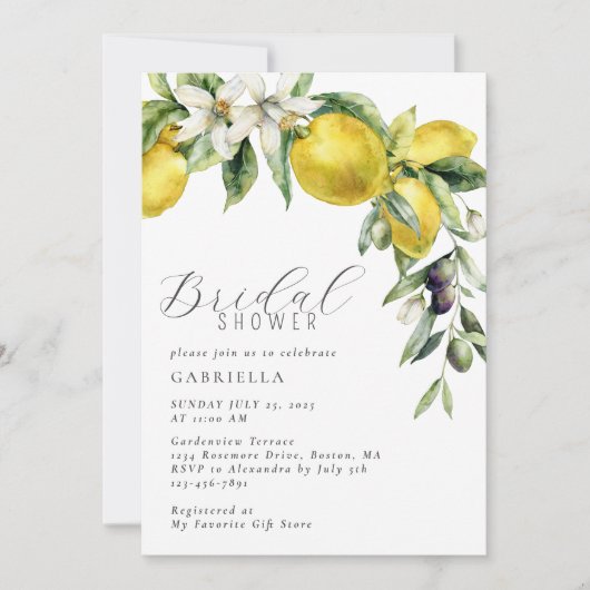Elegante Citrus Citroen Bruiloftsborrel Kaart (Voorkant)