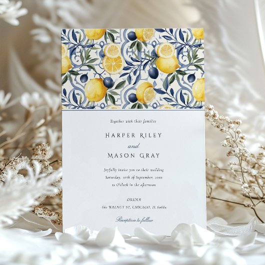 Elegante Citrus en Blauwe Botanische Bruiloft Kaart