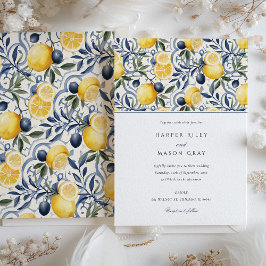 Elegante Citrus en Blauwe Botanische Bruiloft Kaart