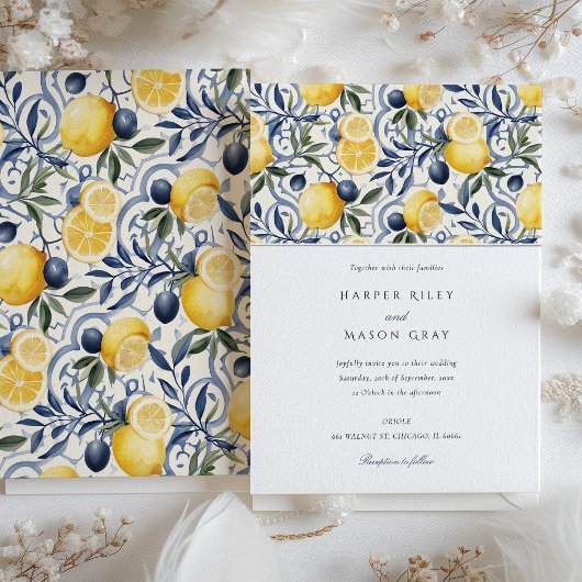 Elegante Citrus en Blauwe Botanische Bruiloft Kaart
