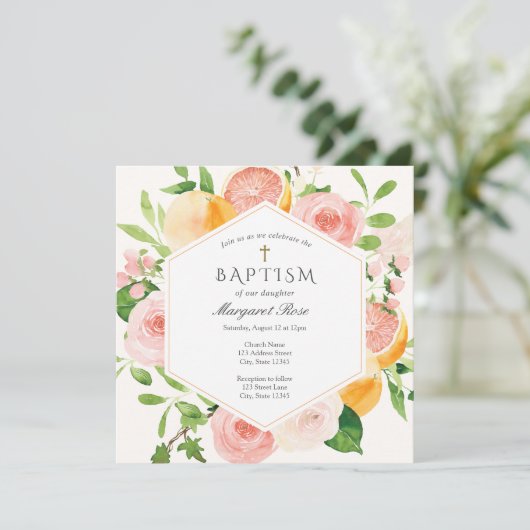 Elegante Citrus Floral Baptism uitnodiging (Staand voorkant)