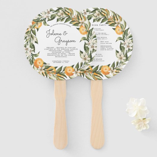 Elegante Citrus Orchard | Trouwprogramma Hand Fan Handwaaier (Voorkant en achterkant)