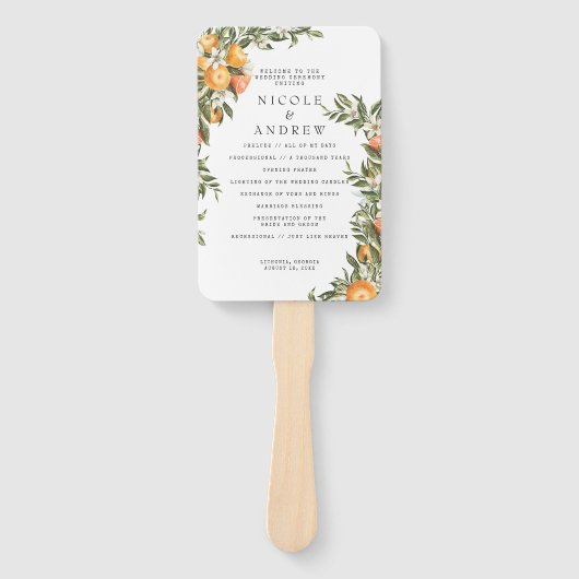Elegante Citrus Orchard | Trouwprogramma Hand Fan Handwaaier (Voorkant)